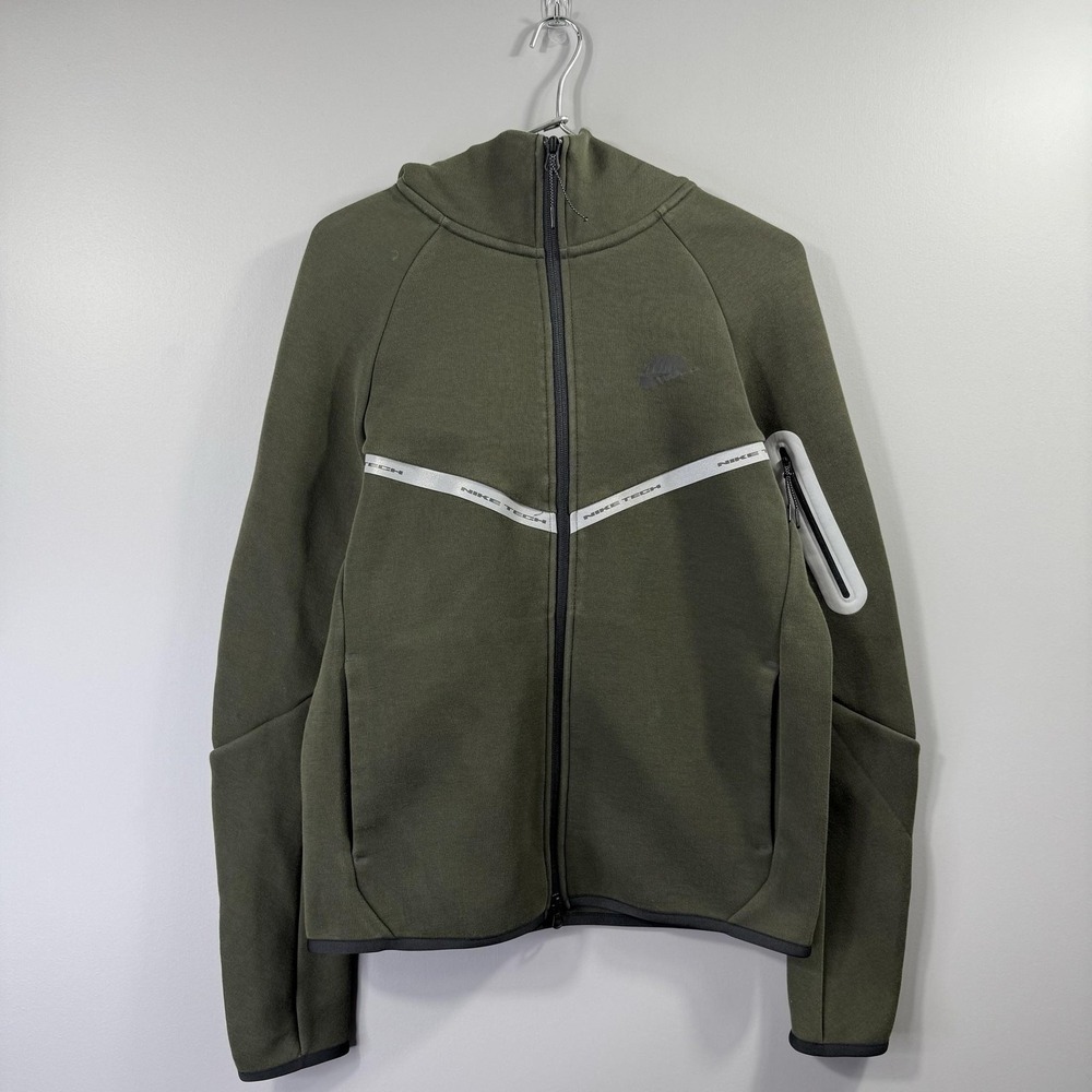 Nike Tech Fleece Hoodie Mens Small Green Full Zip Reflective Stripe Sweatshirt